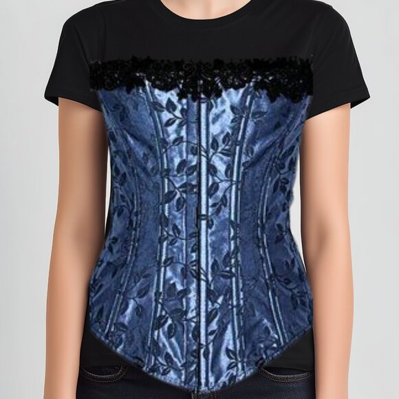 Empire Intimates Satin Blue Floral Lace Up Corset Bustier Sz 32 - Picture 1 of 11